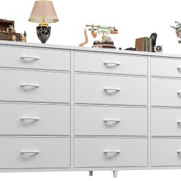 55" Long Dresser for Bedroom with 12 Fabric Drawers, Entertainment Center for 60 inch TV Dressers & Chests of Drawers Large Organizer, Living Room, Metal Frame, Wood Top, White