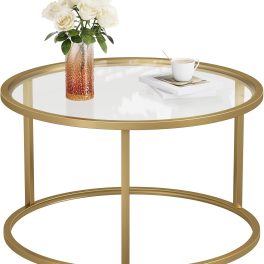 SAYGOER Small Glass Coffee Table Round Gold Coffee Table for Small Space Modern Simple Center Table with Gold Frame for Living Room Home Office, Easy Assembly