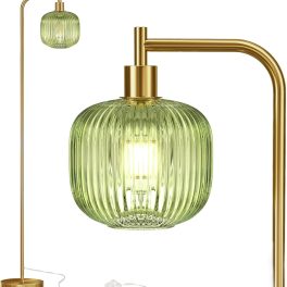 QiMH Glass Floor Lamp for Living Room, Modern Standing Lamp with Ribbed Glass Lampshade Pedal Switch, 67” Tall Lamp for Bedroom Study Room, Brushed Gold (2700K LED Bulb Included)